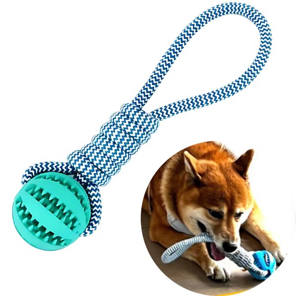 Durable Rubber Rope with Ball Dog Chewing Toys, Teeth Cleaning And Treat Dispensing Ball Rope Dogs Interactive Dog Toys For Training Stimulating Entertainment Treat Dispenser Teething Toy (Blue)
