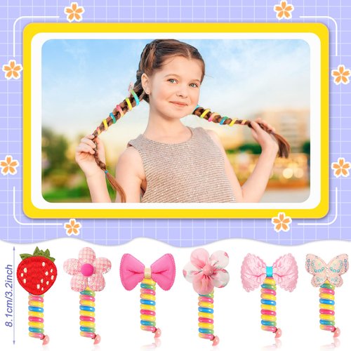 JUNEBRUSHS 6Pcs Colorful Telephone Wire Hair Bands for Kids, Spiral Ties Braided Telephone Cord Hair Bands Hair Accessories for Girls Women, Bowknot Braided phone Wire Hair Ties