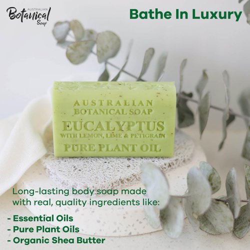 Australian Botanical Soap, Eucalyptus with Lemon, Lime, and Petitgrain 6.6 oz. (187 g) Soap Bars | Natural Ingredient Bar Soap | All Skin Types | Women & Men | Shea Butter Enriched - Pack of 4