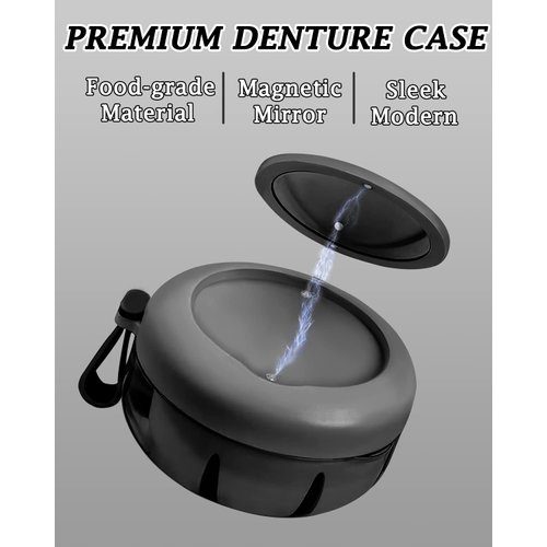 Denture Case, Definitely No-Leak Denture Bath Box for Traveling Perfectly, Denture Cup with Strainer & Magnetic Mirror,Completely Clean Care for Retainer, Mouth Guard, & Denture (BLACK)…