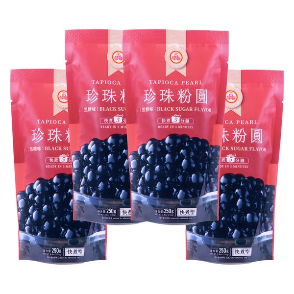 WuFuYuan Boba Tapioca Pearl, Black Sugar Flavor, Ready in 5 Minutes, 8.8 Oz. (4 Packs)
