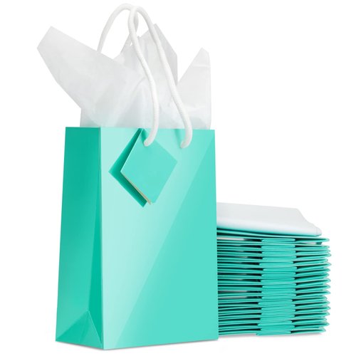 BLUE PANDA 20 Pack Small Teal Gift Bags with Handles, Tag, and Tissue Paper Sheets for Baby Shower, Valentines, Birthday, Wedding, Anniversary Party Favors and Goodies, 7.9x5.5x2.5 in