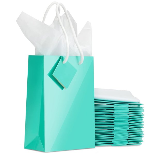 BLUE PANDA 20 Pack Small Teal Gift Bags with Handles, Tag, and Tissue Paper Sheets for Baby Shower, Valentines, Birthday, Wedding, Anniversary Party Favors and Goodies, 7.9x5.5x2.5 in