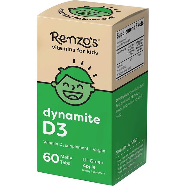 Renzo's Dynamite Vitamin D3 - Dissolving Kids Vitamin D3-60 Sugar-Free Melty Tabs, Lil’ Green Apple Flavored