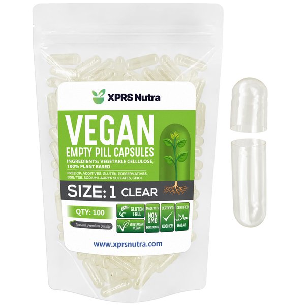 XPRS Nutra Size 1 Empty Capsules - 100 Count Clear Empty Vegan / Vegetarian Capsules - DIY Vegetable Capsule Filling- Veggie Pill Empty Caps