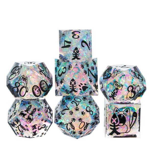 Cusdie 7-Die Sharp Edges DND Dice Set, Cat Pattern Polyhedral D&D Dice Set for DND Dungeons and Dragons TTRPG Role Playing Games