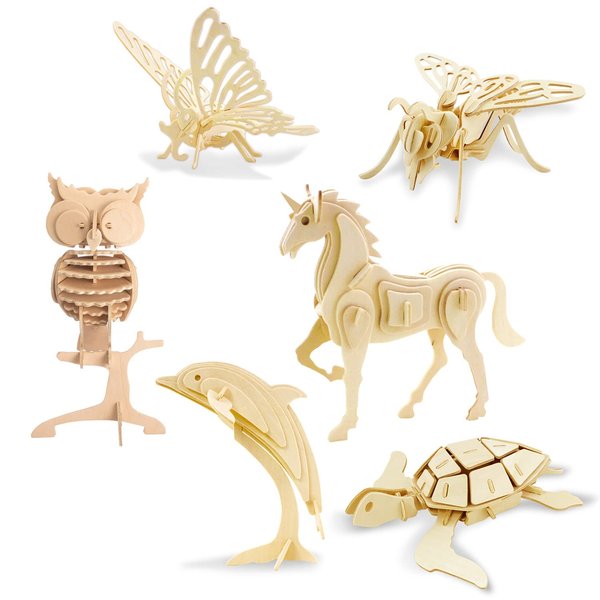 Georgie Porgy 3D Wooden Puzzles for Kids Toys Construction Woodcraft Kits DIY Model Puzzle Kits Birthday Gifts Pack of 6 (Bee Owl Butterfly Unicorn Sea Turtle Dolphin)
