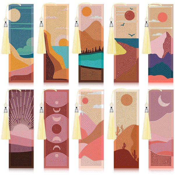 Noveread 10 Pcs Boho Diamond Art Bookmarks 5D Bookmark Sun and Moon Acrylic Diamond Art Bookmark with DIY Painting Kits Tassels and Beads Pendant Bookmarks for DIY Making Beginner Kids Adults