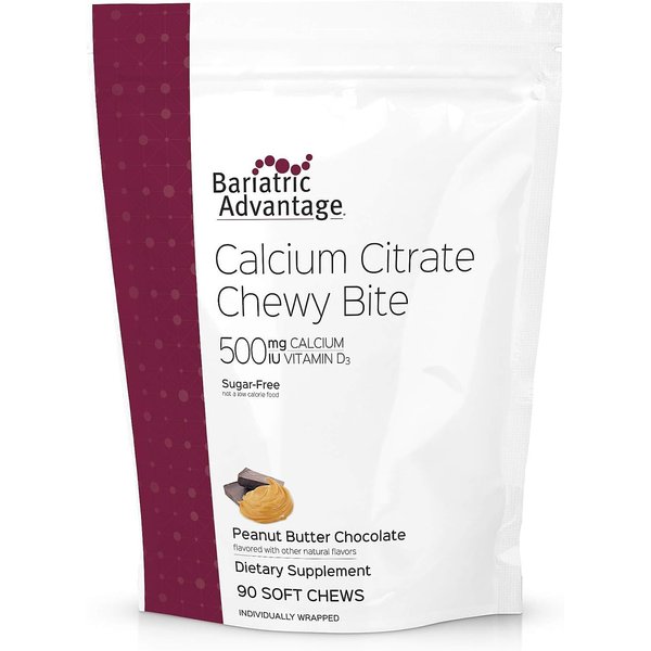 Bariatric Advantage Calcium Citrate Chewy Bites 500mg - For Bariatric Surgery Patients - Vitamin D3 - Sugar-Free Chewable Calcium Supplement - Bariatric Calcium Chews - Peanut Butter Chocolate - 90 Ct