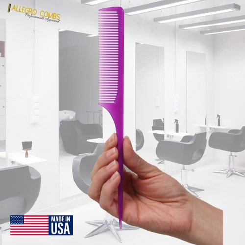 Allegro Combs 61 XL Rat Tail Combs Wide Tooth Comb Detangling Hair Styling Coarse Hair Foiling Thick Back Parting Combs Hairstylist Combs For Women Made In USA 3 Pc. (Frosted Purple)