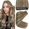Sunny Weft Hair Extensions 12inch Highlights Sew in Hair Extensions Real Human Hair Light Brown with Blonde Highlights Sew in Weft Hair Extensions Human Hair Bundle for Thick Hair 70G