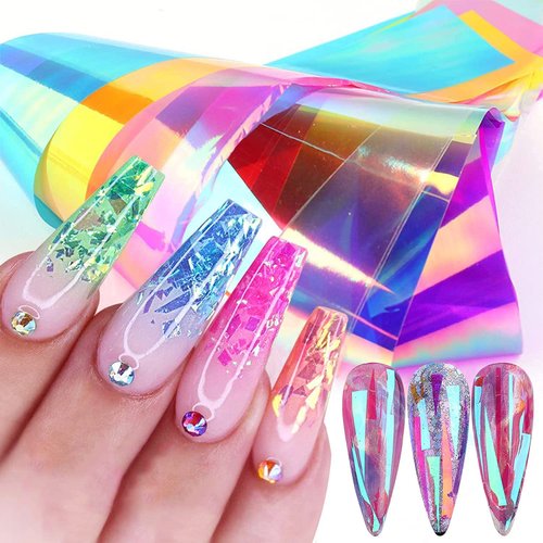 Gradient Aurora Glass Paper Nail Art Sticker, Nail Art Supplies Film Broken Glass Nail Foil Transfers Decals Cellophane Mirror Colorful Design for Women DIY Nail Art Decoration（8 Sheets）