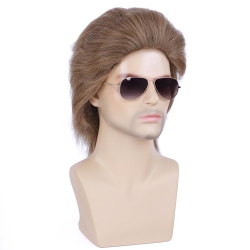PATTNIUM Blonde 80s Wig Mens Layered Wig Mens Mullet Wig Blonde Mixed Brown Layered Wig Curly Male Punk Wig Rocker Wig Golden Brown Wig with Wig Cap
