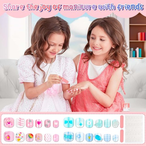 Press on Nails Girls, Thrilez Kids Fake Nails Press ons Kid Size Stick On Nail Tips Square Short Cute 3D Nail Charms Acrylic Nails for Girls Gifts Kids Nail Art