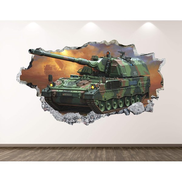 Military Tank Wall Decal Art Decor 3D Smashed Army Sticker Poster Kids Room Mural Custom Gift BL155 (50"W x 30"H)