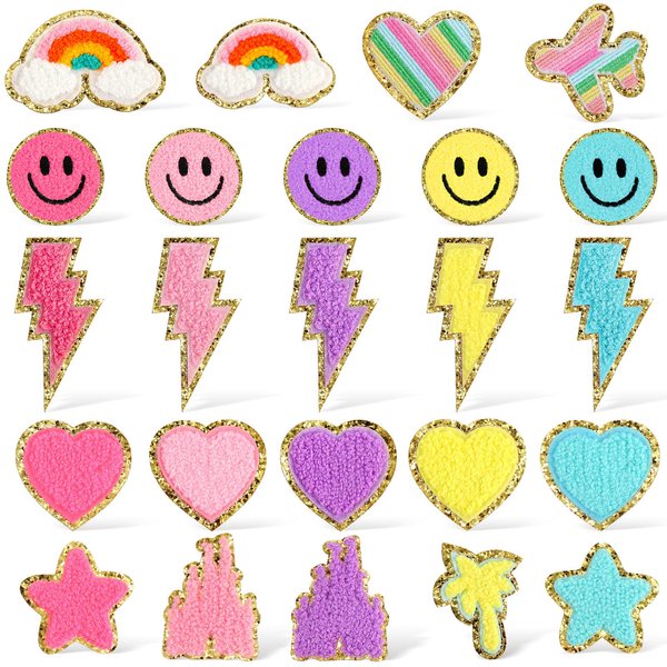 Yilloog 24 Pcs Chenille Patches Cute Iron on Patches Rainbow Heart Smile Face Castle Anchor Star Patches Applique Sew on Patches for Jackets Clothing Fabric(Fresh Style)