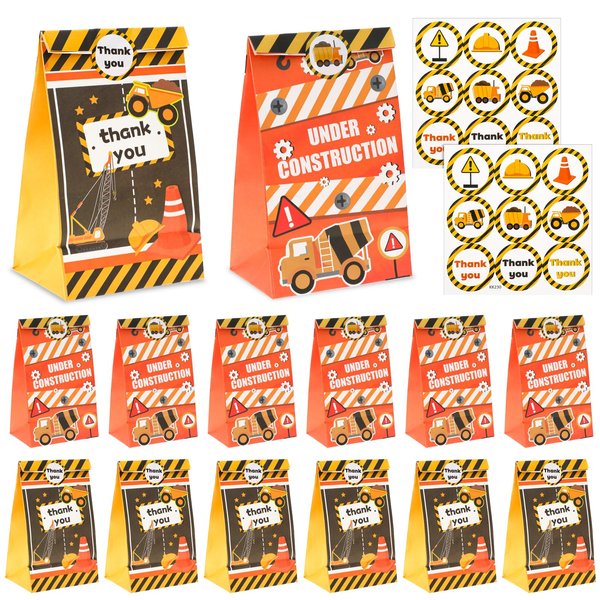JJUNW 12PCS Construction Party Gift Bags, Digger Truck Construction Theme Gift Candy Bags Boys Birthday Party Supplies wif 18 Stickers, for Kids Birthday Party Packaging Gifts