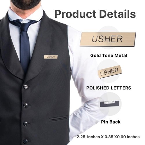 Gold Usher Pins for Church | Reusable Gold Plastic Usher Badge Locking Pin Back | Engraved Usher Name Tag Pin Church Usher Uniform Badge 2.12 x 0.62 Inches