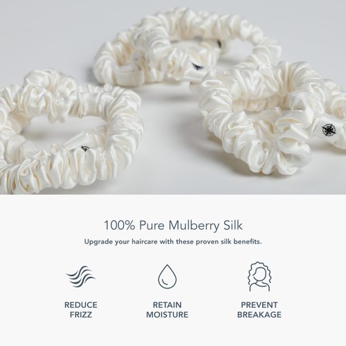 Fishers Finery 25 Momme Pure Mulberry Silk Skinny Scrunchies | Hair Tie Set for Thin Hair (Natural White- 6 Pk)