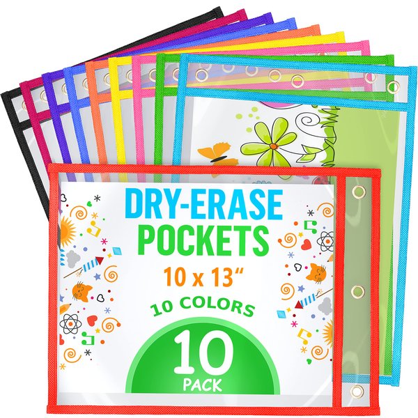 10 Pack 10x13 inch Dry Erase Pockets Reusable Sleeves - Dry Erase Pocket Sleeves Dry Erase Sleeves Classroom Pack Dry Erase Sheet Protectors Dry Erase Pouches Write and Wipe Pockets Erasable Pockets