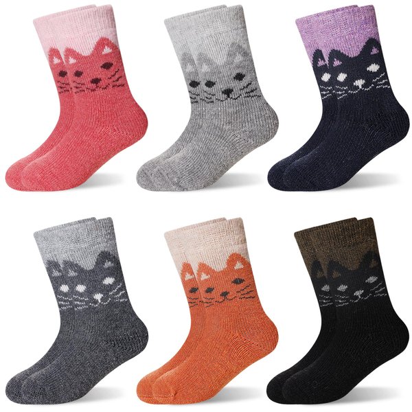 Eocom 6 Pairs Children's Winter Warm Wool Socks Kids Toddlers Boys Girls Thermal Thick Boot Cozy Crew Socks (4-7 Years, Cat)