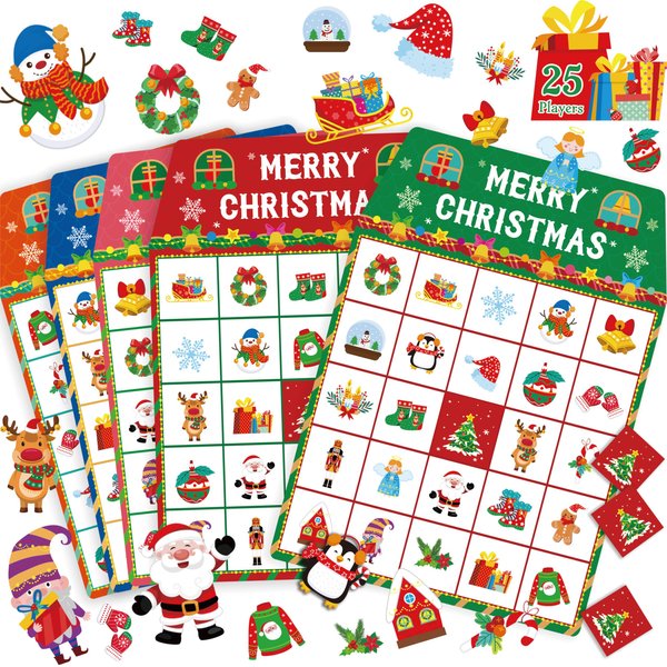 SpriteGru Christmas Bingo Game, 25PCS Bingo Board Game, 2-25 Players Bingo Game Set for Teenager or Adults Xmas Party, Fun Interesting Activity Winter Party Supplies