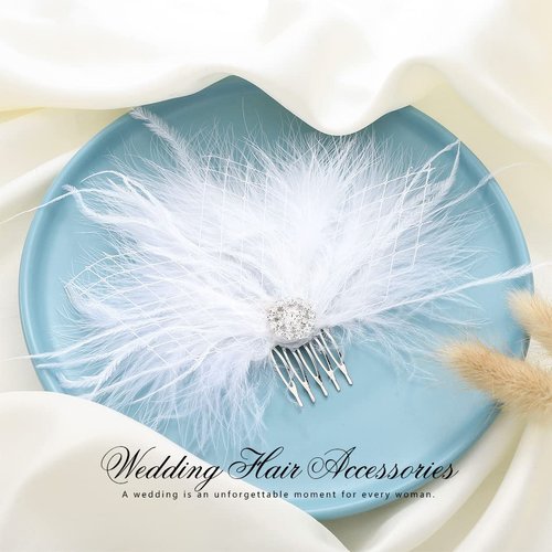 Latious Wedding Bride Flapper Feather Hair Comb White Crystal Gatsby1920s Hair Clip Fascinator Hair Accessories Prom Bridal Hair Jewelry for Women and Girls