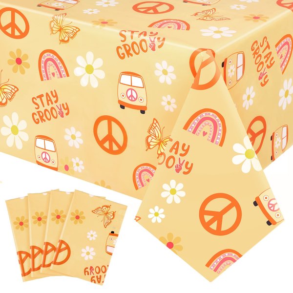 4 Pcs Stay Groovy Tablecloth Retro Hippie Boho Party Table Covers Daisy Flower Bohemian Rainbow Tablecloths Disposable Waterproof Table Cover 60s Theme Birthday Party Decor Supplies (42.5 x 70.8 Inch)