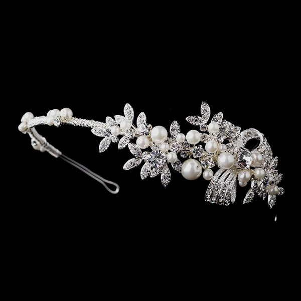 Gorgeous Antique Silver Tone Side Accented Crystal & Simulated Pearl Bridal Headpiece