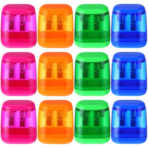 12 Pcs Chivertion Pencil Sharpeners Bulk for School Office, Dual Holes Manual Sharpeners for Kids Assorted Color Compact Sharpeners with Lid for Back to School Donation Supplies Party Favors