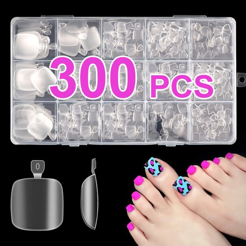 300 Pcs Toe Nail Press Ons in 15 Sizes - Short Square False Nails, Soft Gel x Nail Tips Fake Acrylic Press on Toenails for Nail Extension or Salon-quality Manicures and Pedicures