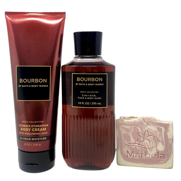 Bath & Body Works Bourbon Men's Collection 2 Piece Bundle - Body Cream and 3 in 1 Hair - Face & Body Wash with a Himalayan Salts Springs Sample Soap