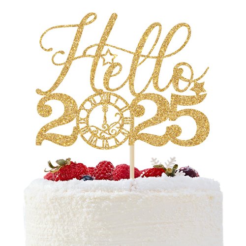 Hello 2025 Cake Topper, Happy New Year Cake Topper, Cheers to 2025, 2025 Happy New Years Eve Party Decorations Supplies (Gold Glitter)