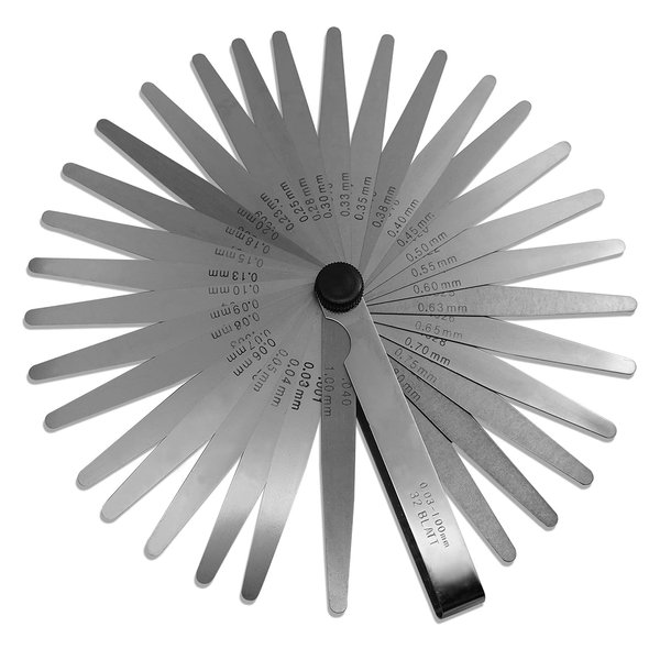 Spurtar 32 Blades Feeler Gauges 0.001-0.04" (0.03-1.00mm) Tapered Feeler Gauge Set Stainless Steel Thickness Gauges Dual Marked SAE and Metric Narrow Feeler Gauge for Measuring Gap Width or Thickness