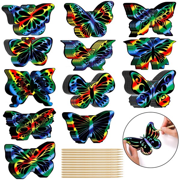 Mezchi 120 Pcs Butterfly Scratch Art for Kids, Rainbow Scratch Paper with 12 Wooden Stylus, Black Scratch Off Paper for Kids, Butterfly Crafts for Kids DIY Crafts, Scratch Art Party Favors,12 Styles