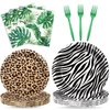 Justforjoyful 96Pcs Jungle Birthday Party Plates and Napkins Safari Animals Party Decorations Disposable Jungle Theme Tableware Dinnerware Set for Wild Animal Safari Zoo Birthday Party Favors Supplies