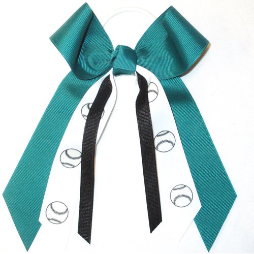 Sublimation Specialties Softball Baseball Hair Bow - Made in The USA, White Pony Band (Teal/Black)