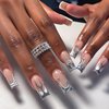 IMSOHOT Square Press on Nails Long French Tips Fake Nails Silver Flame False Nails with Metal Snake Charms Designs Rhinestone Full Cover Acrylic Nails Glossy Glue on Nails for Women 24Pcs
