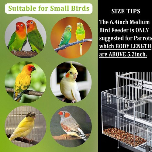 No Mess Bird Feeder for Cage Bird Feeder Automatic Bird Cage Feeder, Acrylic No Spill Bird Feeder Cage for Parakeet Parrot Cockatiels Cockatiels Lorikeet Lovebirds Cage Seed Feeder 6.4inch