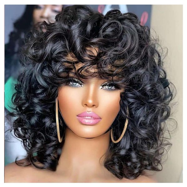 Traqur Short Curly Wigs for Black Women Synthetic Hair Heat Natura Wigs with Bangs Afro Kinky Curls Heat Resistant Natural Looking Synthetic Wig for American Women