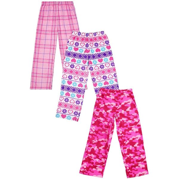 Mad Dog Concepts Girl's Pajama Pants - 2/3 Pack, Soft Micro Fleece Fashion Sleepwear Lounge with Stretch Waist, 3 Pack, 10-12, Pink Camo/Hearts/Plaid