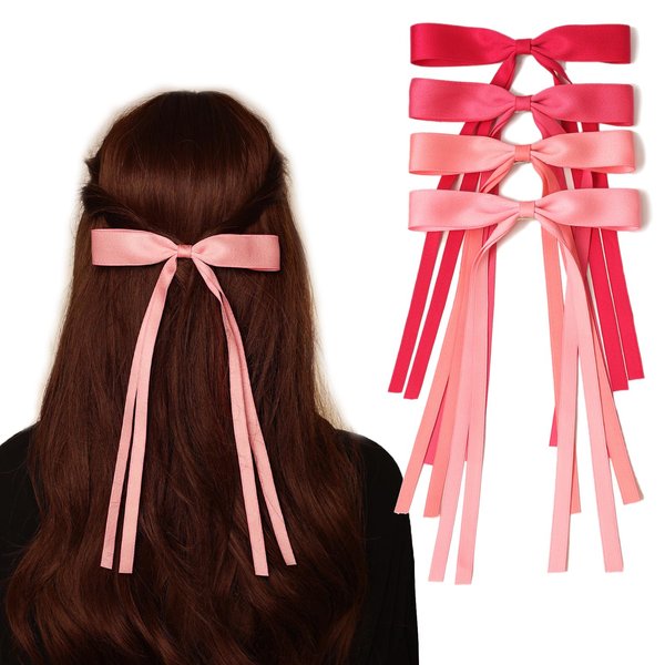 LFOUVRE Hair Bows for Women, Pink Hair Bow with Long Tail, Pink Ribbon for Hair, Tassel Bow Hair Clips for Girls, Ribbon Hair Clips with Bow, Pink Bow for Hair, Pink Hair Accessories for Girls 4pcs