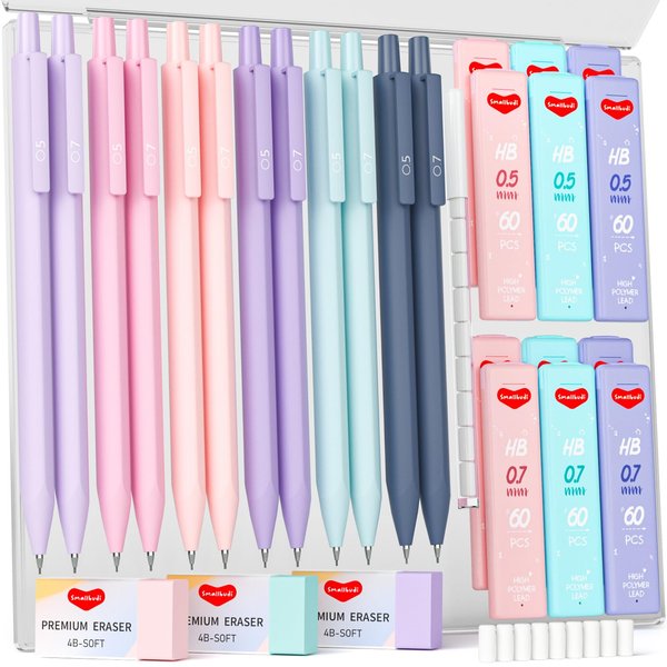 Smallbudi 29PCS 0.5 & 0.7 mm Mechanical Pencils Set with Case, Cute Mechanical Pencil with 720PCS HB Lead Refills, 3 Erasers & 18 Eraser Refills, Aesthetic Mechanical Pencils for Girls Writing