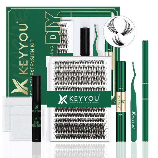 DIY Lash Extension Kit KEYYOU 300Pcs Individual Eyelash Extension Kit 30D40D50D 0.07C Curl 9-18MIX Lash Clusters Kit with Lash Glue Remover Applicator Easy to Use(Kit-30D40D50D-0.07C,9-18MIX)