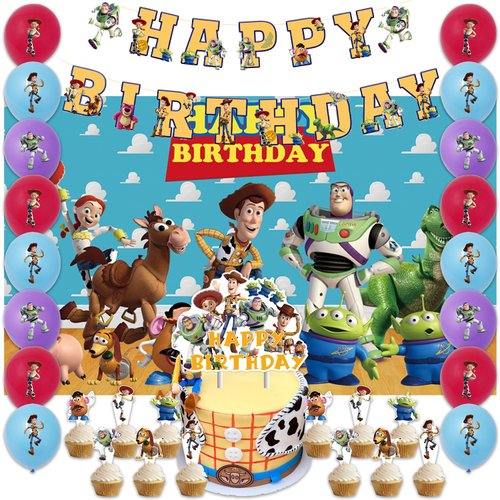 42pcs Toy Birthday Party Supplies Pack Includes，Banner，Cake Topper，Blackdrop,Balloons for Toy party supplies