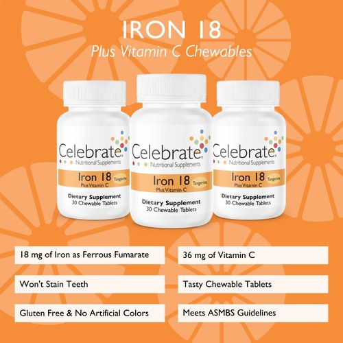 Celebrate Vitamins Iron with Vitamin C Chewables, 18 mg Iron, Tangerine, Bariatric Vitamins for WLS Patients including Sleeve Gastrectomy and Gastric Bypass Surgery, 90 count, 3 month supply