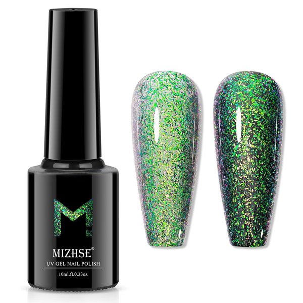 MIZHSE Holographic Glitter Gel Nail Polish Green, Chameleon Magic Sequin Glossy Nail Art UV/LED Soak Off Manicure Set for Home Salon 10ml