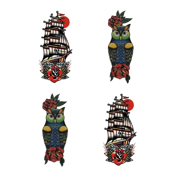 SanerLian Ship Rose Temporary Tattoo Sticker Waterproof Vintage Owl Flowers Birds Adult Men Women Traditional Big 10X21cm Set of 4