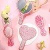 Thyle 4 Pcs Rhinestone Handheld Mirror and Bling Hair Brush Set 2 Cute Heart Shaped Mirror 2 Wet and Dry Hair Brush for Women, Girls Bride, Bridesmaid Gift(Pink)