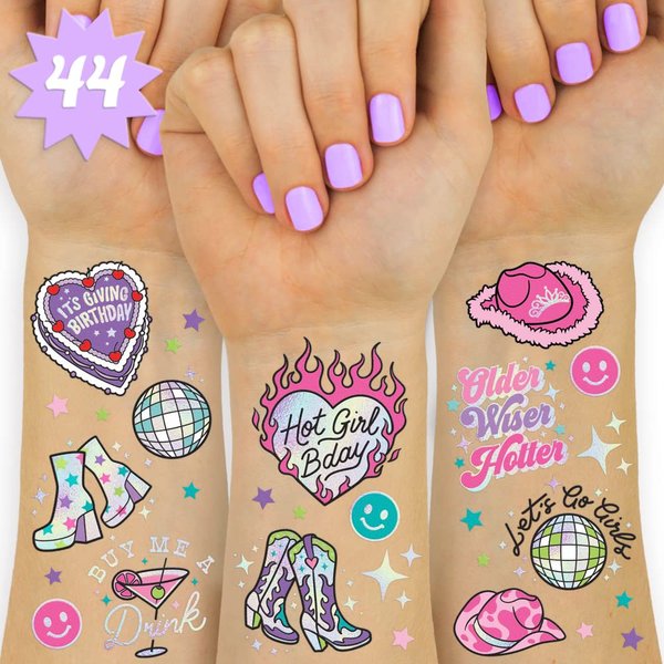 xo, Fetti Birthday Party Decorations Temporary Tattoos - 44 pcs | Fun Bday Girl Party, Older, Wiser, Hotter, HBD, Disco Cowgirl Party, Hot Girl Bday